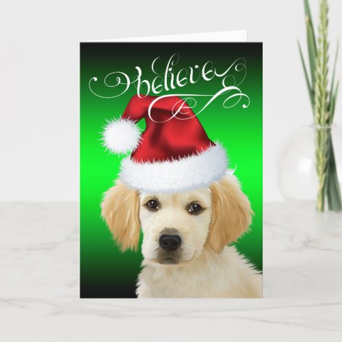 DOG Christmas  Believe Adorable Golden Santa Pup Holiday Card