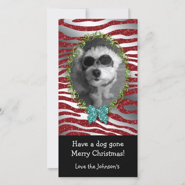 Dog Christmas Cute Photo Frame Zebra Glitter Holiday Card (Front)