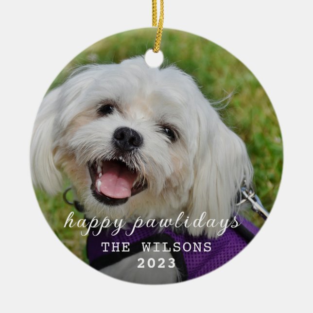 Dog Christmas | Modern Cute Puppy Happy Pawlidays  Ceramic Ornament (Front)
