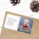 Dog Christmas | Modern Cute Puppy Happy Pawlidays Label<br><div class="desc">Simple, stylish custom photo Happy Pawlidays holiday return address labels with modern minimalist handwritten script typography and a simple black gradient on a raspberry red background. The photo of your beloved pet and text can easily be personalized for a design as unique as your special furbaby! The image shown is...</div>