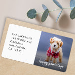 Dog Christmas | Modern Cute Puppy Happy Pawlidays Label<br><div class="desc">Simple, stylish custom photo Happy Pawlidays holiday return address labels with modern minimalist handwritten script typography and a simple black gradient on a raspberry red background. The photo of your beloved pet and text can easily be personalized for a design as unique as your special furbaby! The image shown is...</div>