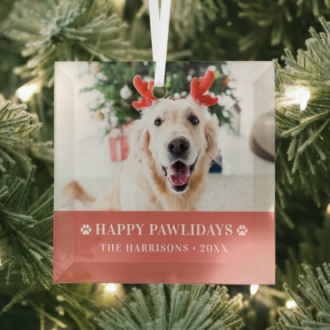 Dog Christmas Modern Photo Happy Pawlidays Glass Ornament (Insitu)