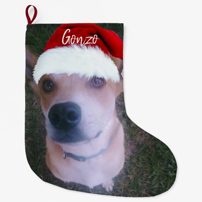 Dog Christmas Photo Personalized Name Large Christmas Stocking (Front)
