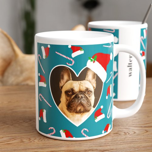 Dog Christmas Photo Santa Hat Heart Frame Holiday Coffee Mug