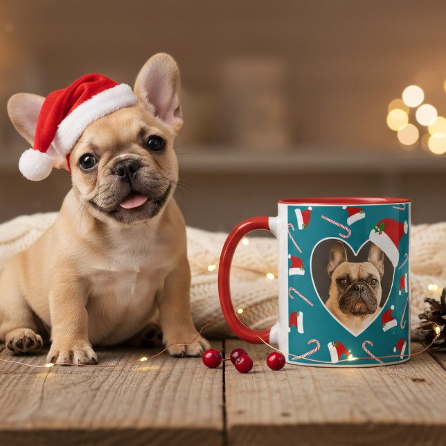 Dog Christmas Photo Santa Hat Teal Coffee Mug (A fun and festive coffee mug with space for your pup's and name (or yours) Happy Howlidays!)