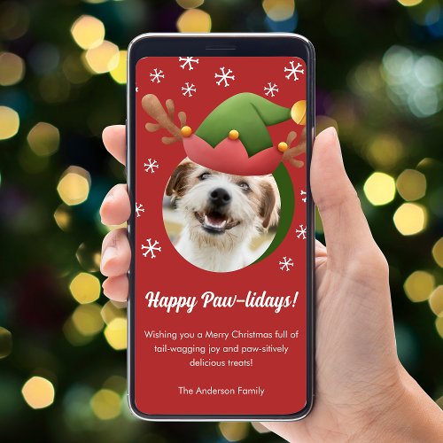 Dog Christmas Photo w Elf Reindeer Hat Digital Holiday Card