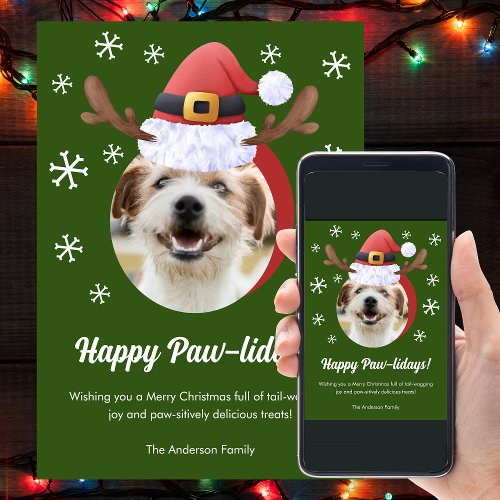 Dog Christmas Photo w Santa Reindeer Antler Hat Holiday Card