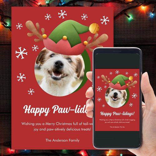 Dog Christmas Photo with Elf Reindeer Antlers Hat Holiday Card