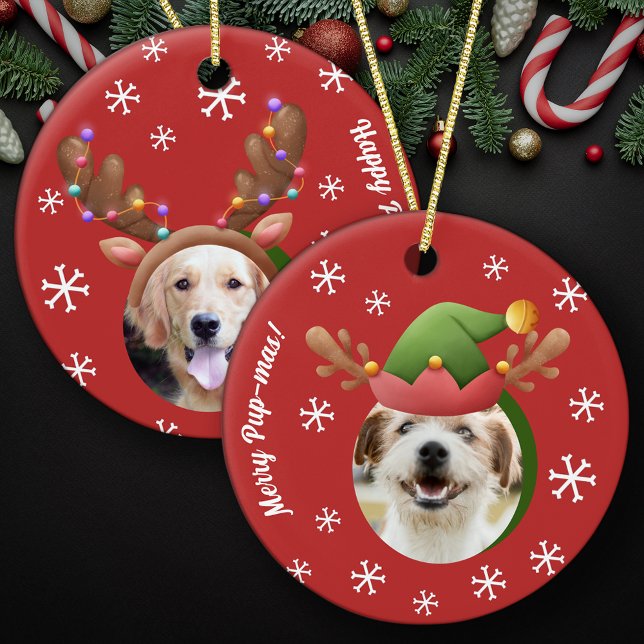 Dog Christmas Photos w/ Elf Reindeer Antler Hats Ceramic Ornament (Creator Uploaded)
