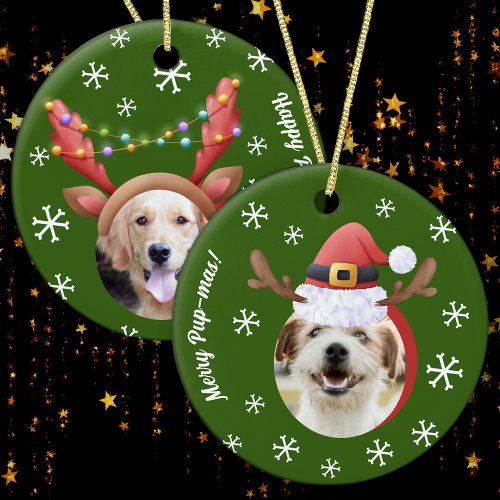 Dog Christmas Photos w Santa Reindeer Antler Hats Ceramic Ornament