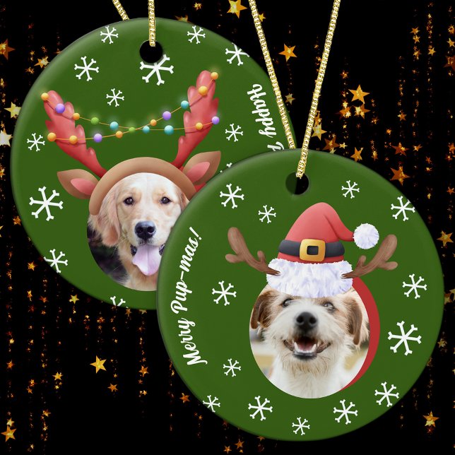 Dog Christmas Photos w/ Santa Reindeer Antler Hats Ceramic Ornament (Creator Uploaded)