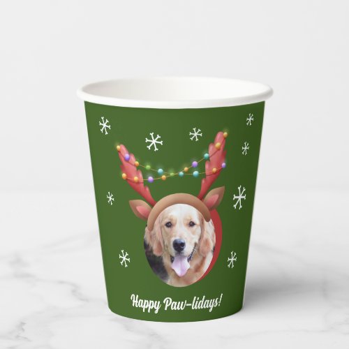 Dog Christmas Photos w Santa Reindeer Antler Hats Paper Cups