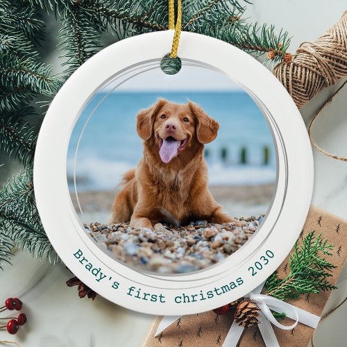 Dog Christmas Simple Personalized 2 Pet Photo Ceramic Ornament