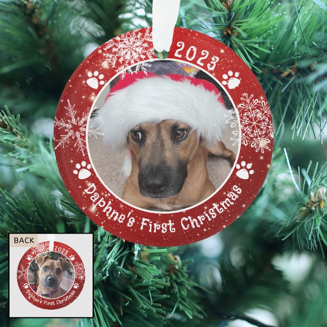 Dog Christmas Snowflakes 2 Photo Red White Ornament (Creator Uploaded)