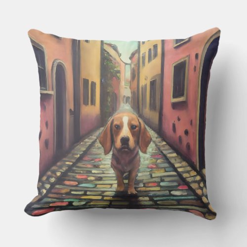Dog Cobblestone Street Throw Pillow