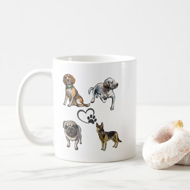 Dog Collage Coffee Mug - Paw & Heart Design! (With Donut)