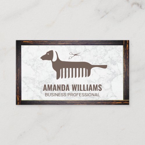 Dog Comb Icon  Marble  Wood Border Business Card