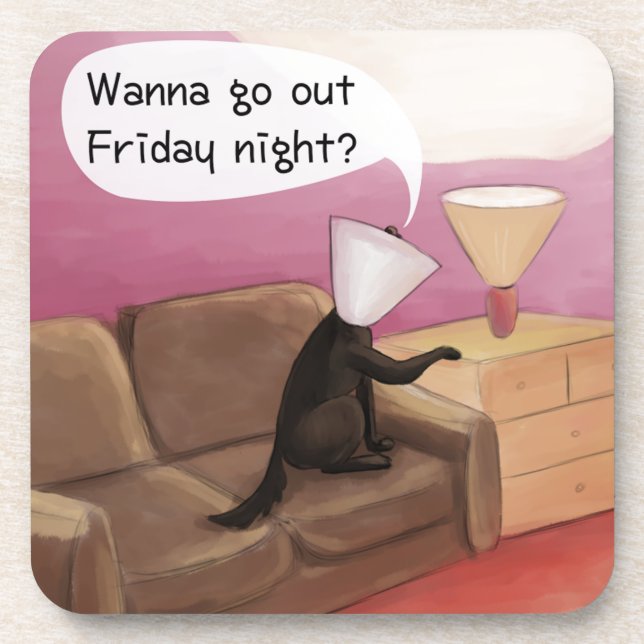 Dog Cone Dating Funny Cartoon Beverage Coaster (Front)