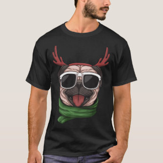 dog cool pug with antlers sunglasses christmas pul T-Shirt