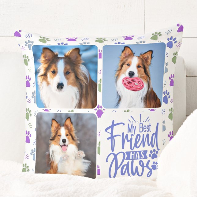 Dog Custom 3 Photo Best Friend Has Paws Paw Print Throw Pillow (Creator Uploaded)