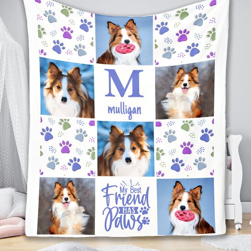 Dog Custom Pet 6 Photo Collage Colorful Paw Prints Fleece Blanket