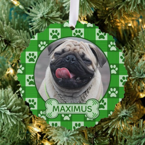 Dog Custom Photo and Name Green Paw Print Gingham Ornament Card