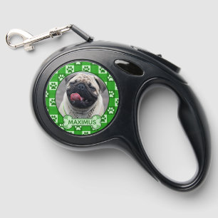 Dog Custom Photo and Name Green Paw Print Gingham Retractable Pet Leash