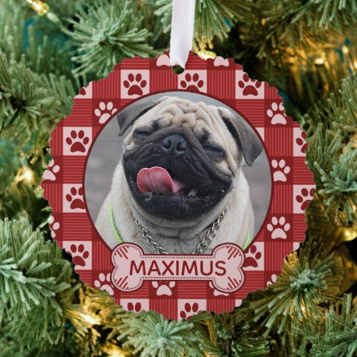 Dog Custom Photo and Name Red Paw Print Gingham Ornament Card