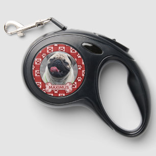 Dog Custom Photo and Name Red Paw Print Gingham Retractable Pet Leash