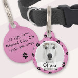 Dog Custom Photo Name Cute Paw prints on Pink Pet ID Tag<br><div class="desc">This cute pet tag features black paw prints and pink hearts pattern on pink color, with custom dog photo and name. • Personalize it with pet's name and your contacts, delete text, replace the template photo or customize further - edit text fonts and color, move/delete elements and more, or transfer...</div>