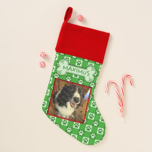 Dog Custom Photo Name Green Paw Print Gingham Bone Christmas Stocking (Front)