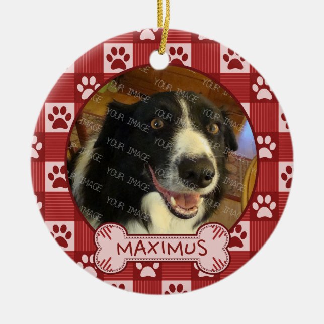 Dog Custom Photo Name | Red Paw Print Gingham Bone Ceramic Ornament (Front)