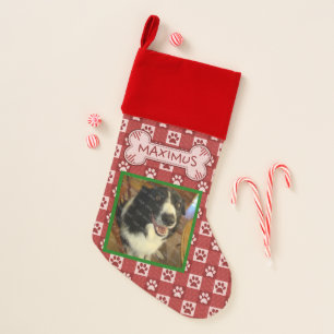 Dog Custom Photo Name Red Paw Print Gingham Bone Christmas Stocking