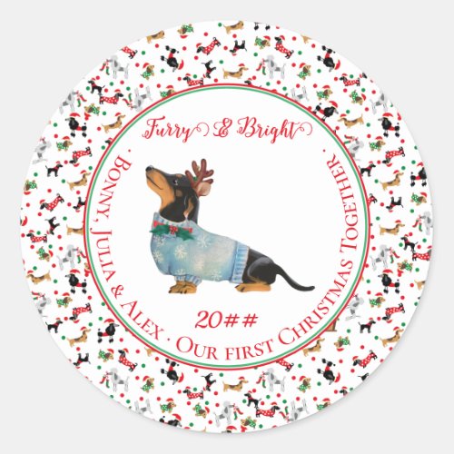 Dog Dachshund Reindeer Hat Christmas Furry Bright Classic Round Sticker