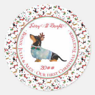Dog Dachshund Reindeer Hat Christmas Furry Bright Classic Round Sticker