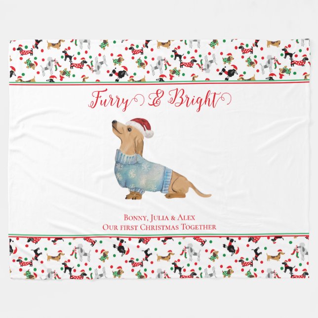 Dog Dachshund Santa Hat Christmas Furry Bright Fleece Blanket (Front (Horizontal))