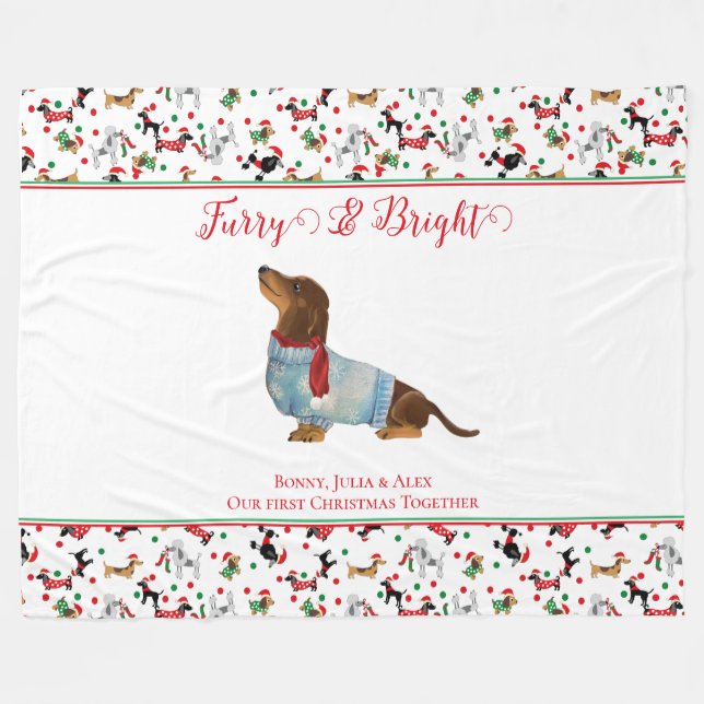 Dog Dachshund Through Snow Christmas Furry Bright Fleece Blanket (Front (Horizontal))
