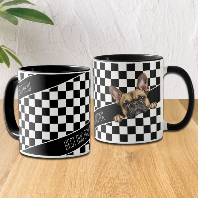 Dog Dad Checkered Black White Frenchie Custom  Mug (Creator Uploaded)
