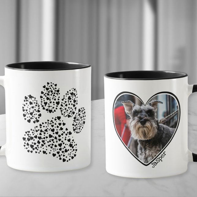 Dog Dad Heart Paw Print Personalized Photo Mug (Custom photo mug with a heart-filled paw and your dog's photo in a heart shape)