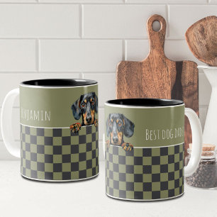 Dog Dad Olive Dark Grey Checkered Dachshund Custom Two-Tone Coffee Mug