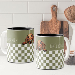 Dog Dad Olive White Checkered Dachshund Custom Two-Tone Coffee Mug