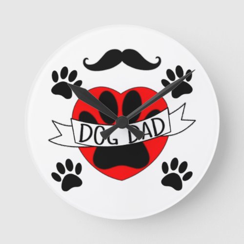 Dog Dad Paw And Red Heart Drawing Round Clock
