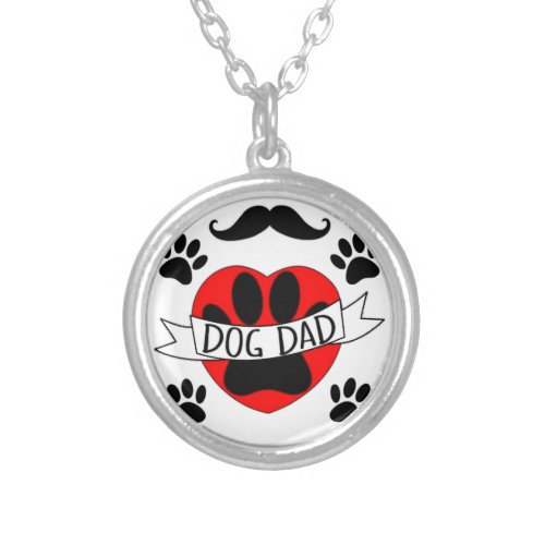 Dog Dad Paw And Red Heart Drawing Silver Plated Necklace