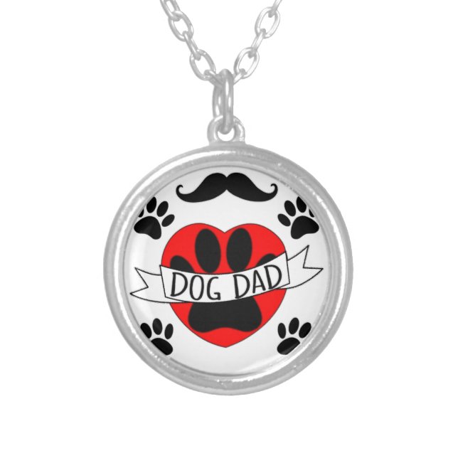 Dog Dad Paw And Red Heart Drawing Silver Plated Necklace (Front)