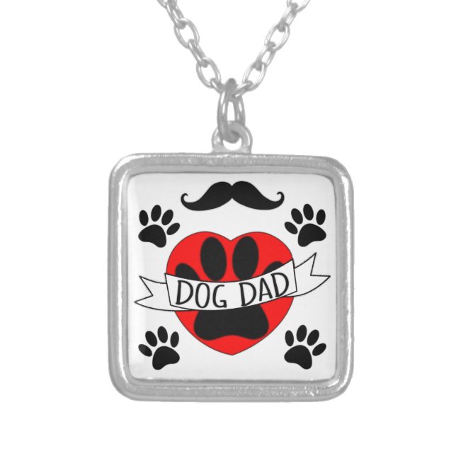 Dog Dad Paw And Red Heart Drawing Silver Plated Necklace (Front)