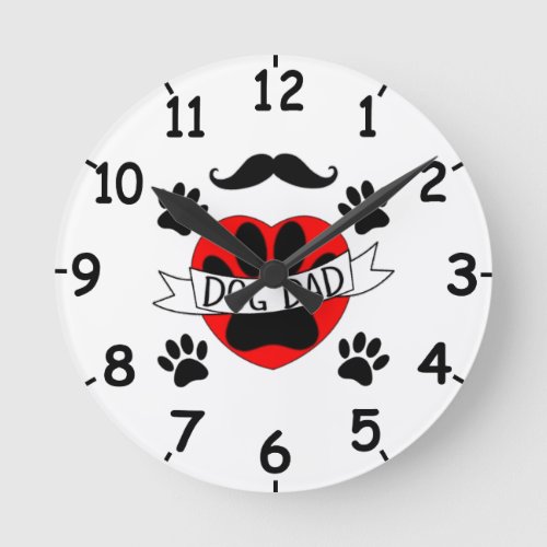 Dog Dad Paw And Red Heart Drawing With Numbers Round Clock