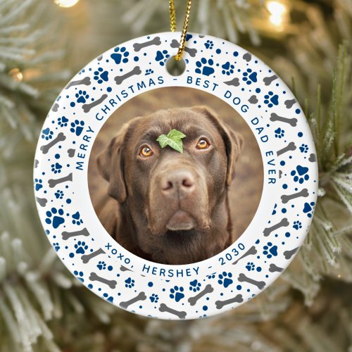 DOG DAD Paw Prints Custom Pet Photo Christmas Ceramic Ornament