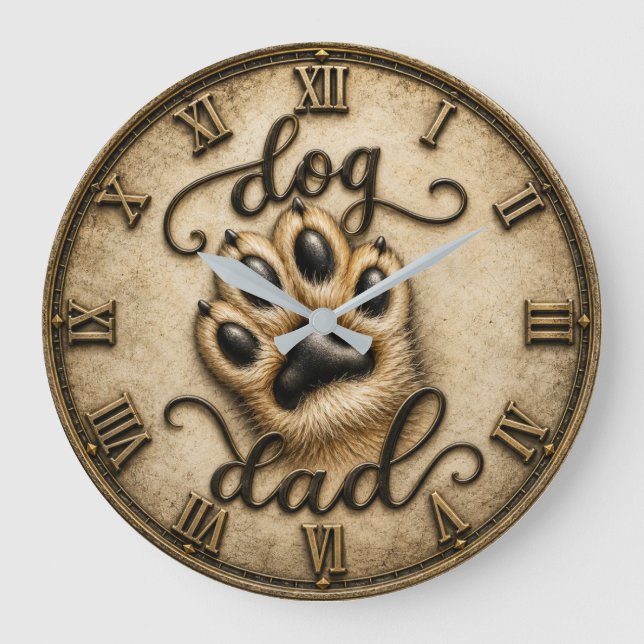 Dog Dad Rustic Paw Print Large Clock (Front)