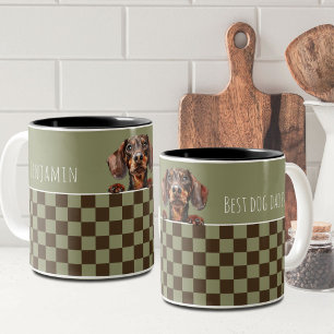Dog Dad Sage Olive Checkered Dachshund Custom Two-Tone Coffee Mug