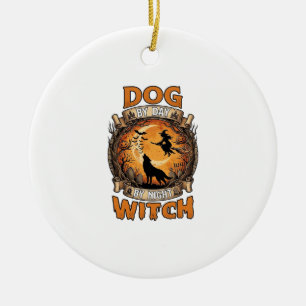 Dog Day Witch Night Halloween Wolf Moon Bats_1 Ceramic Ornament